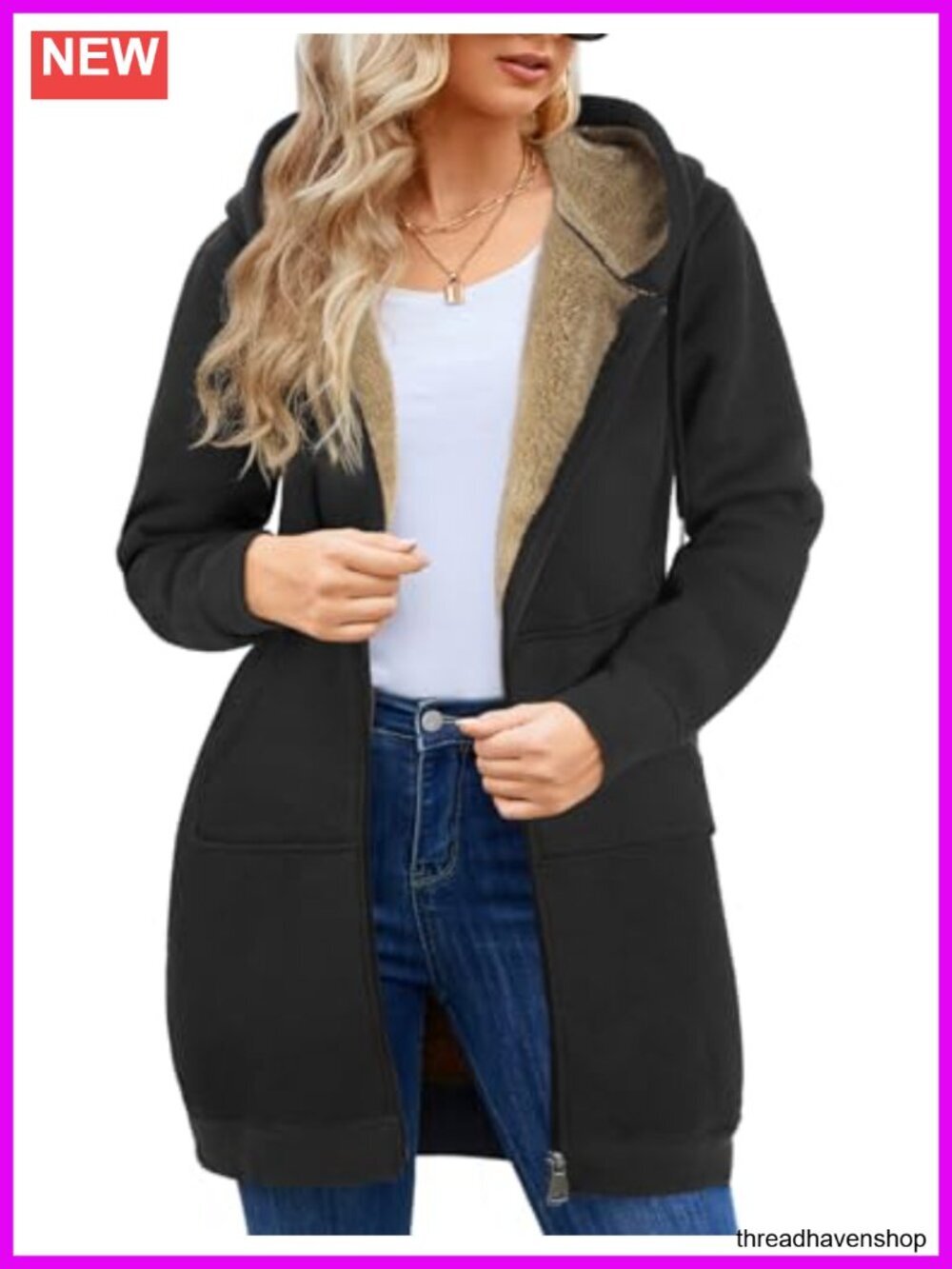 Long Hoodie Zip Up Fleece Jacket Winter Warm Plus Size Sherpa Sweatshirt with